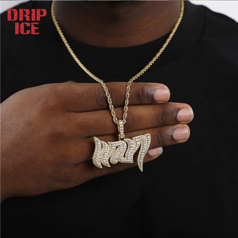 

DRIP ICE Hip Hop Bling Iced Out Cubic Zirconia Stone Letter Wavy Necklace Pendants Men Tennis Chain Jewelry With Solid Back