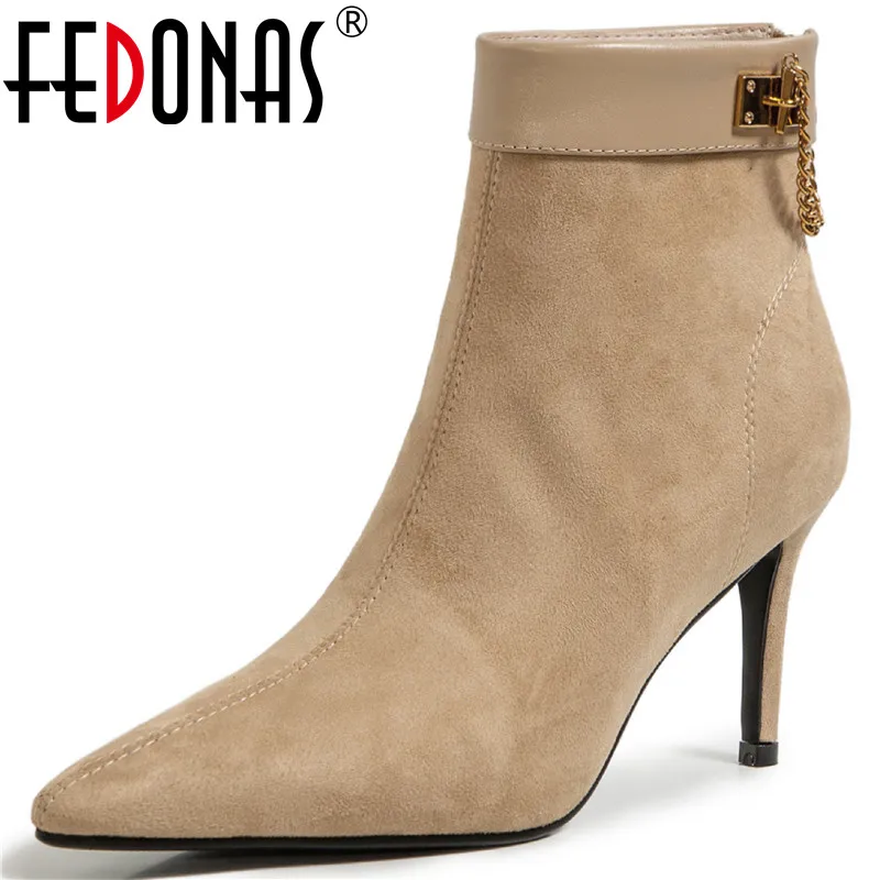 

FEDONAS Suede Leather Ankle Boots Thin Heels Pointed Toe Shoes Woman 2021 Fall Winter Wedding Back Zipper Chelsea Boots Heels