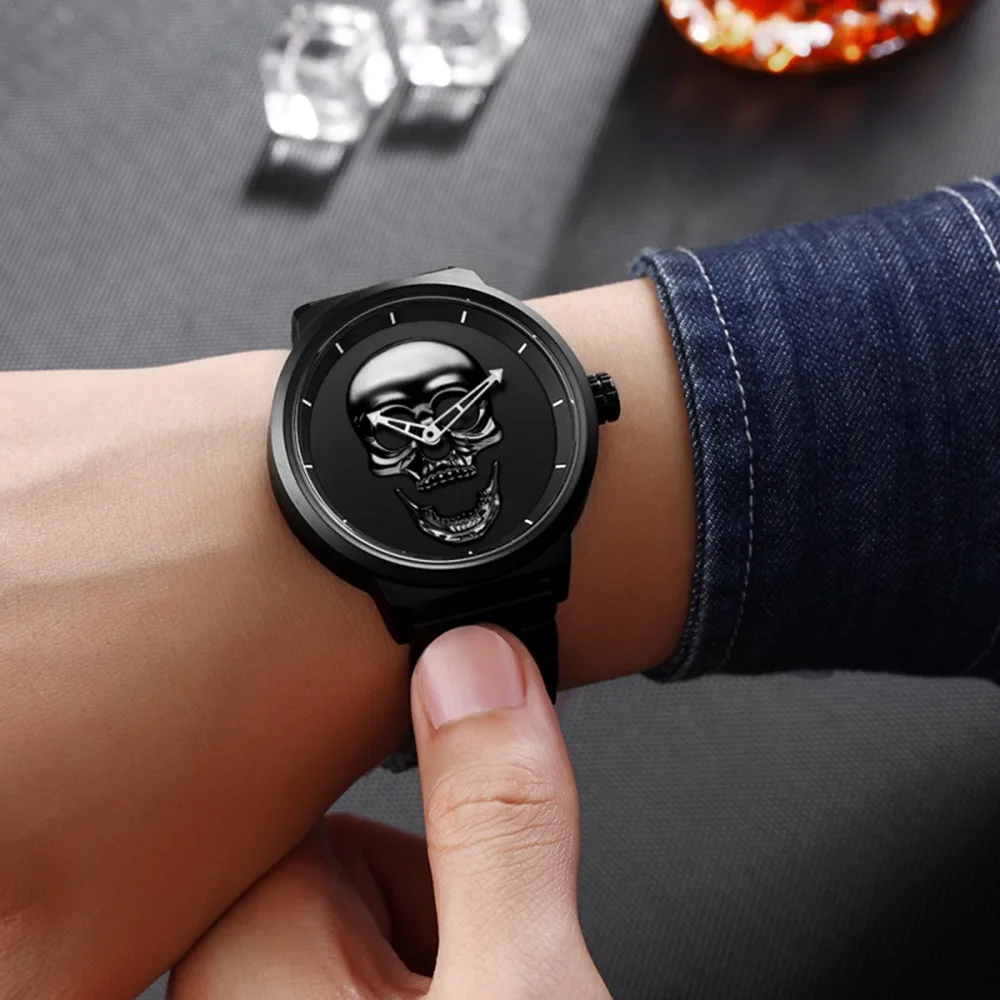 

Men Watches Cool Punk 3D-Skull Stainless Steel Top Luxury Brand Sports Quartz Movement Waterproof Shockproof Male Wristwatches