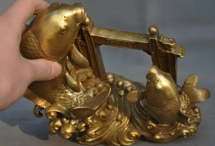 

8" old China Feng Shui brass auspicious carp jump Dragon door statue