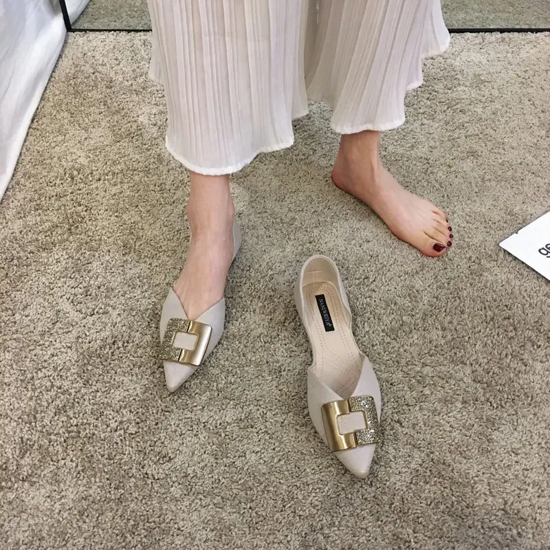 Женские балетки на плоской подошве Тонкие туфли с острым носком и металлическим