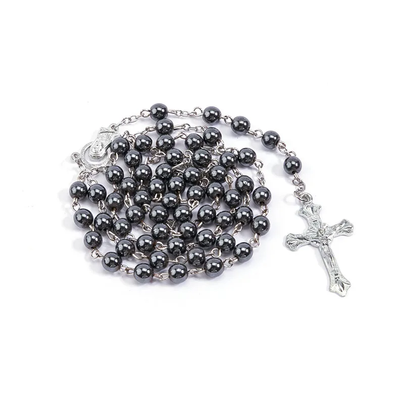 Длинная классическая цепочка из гематита 6 мм ожерелье с Христом Иисусом Святого