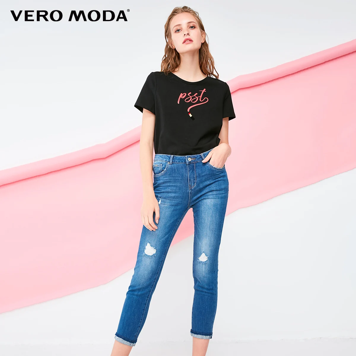 Mid blue denim Vero Moda Новое поступление женские потертые манжеты закатывающиеся облегающие 96% хлопковые укороченные джинсы | 318349537 - Цвет: Mid blue denim