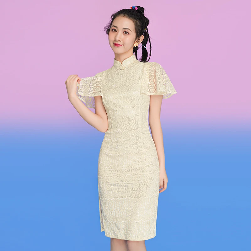 

Ципао улучшенное для молодых девушек с новым китайским ветром, восстанавливающее древние путь, повседневное элегантное кружевное платье