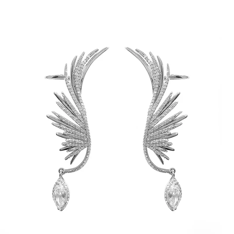 

New Silver Angel Wings Earrings Ear Clip Long Tassel Luxury Jewelry For Women Bohemia Fashion Stylist Crystal Wedding Gift ngel