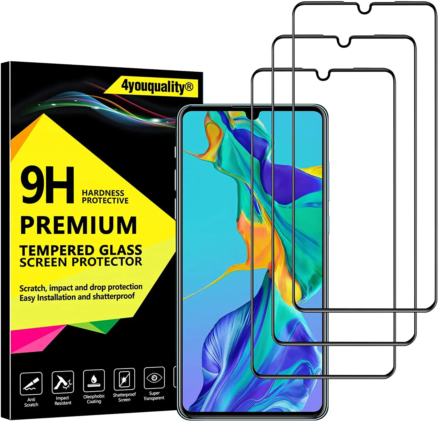 

4youquality [3-Pack][Full Coverage] Screen Protector for Huawei P30, Tempered Glass Film