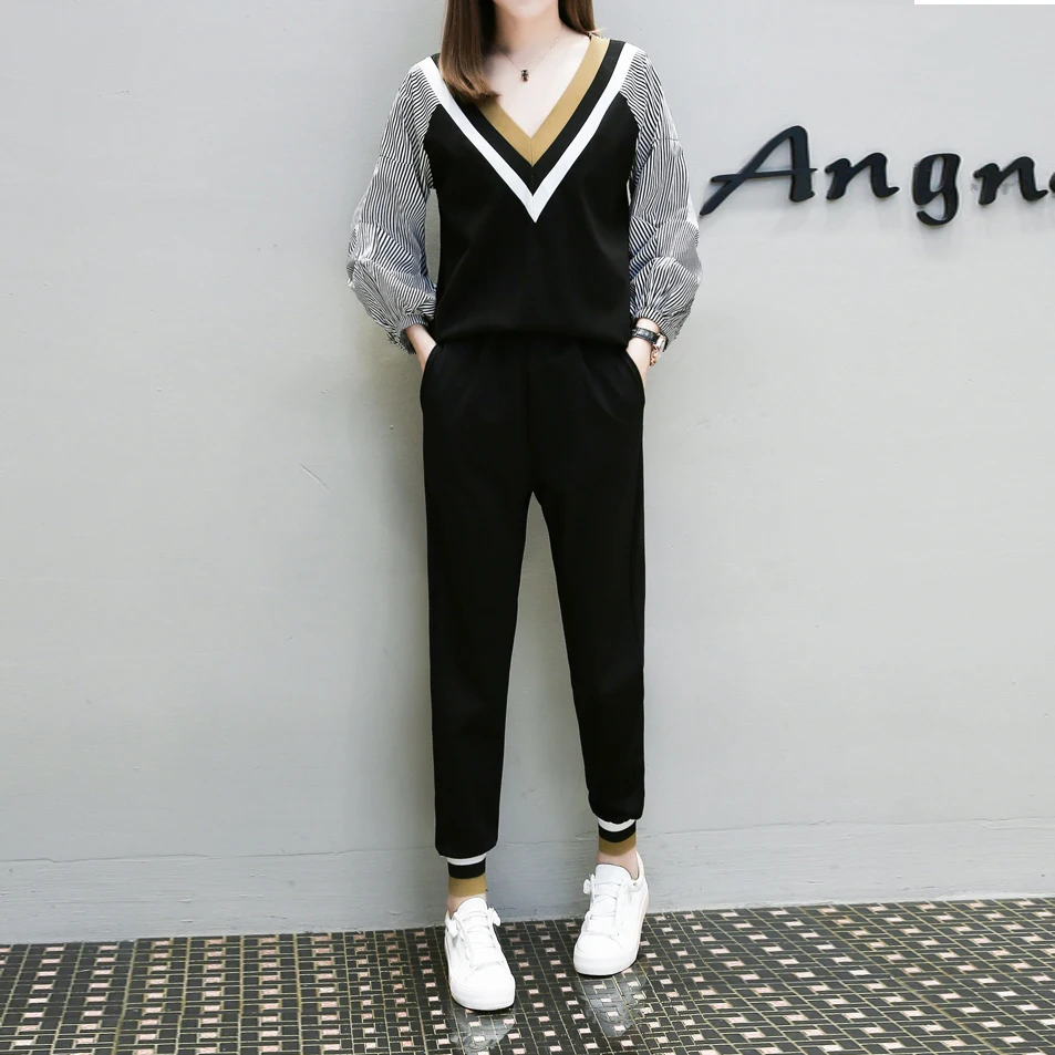 2019 новые осенние женские комплекты Лоскутные Полосатые рубашки пуловеры Топы