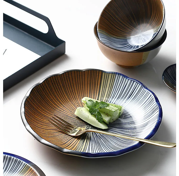1 шт. в японском стиле ручная роспись посуда линия полосатая столовая посуда керамическая тарелка блюдо фарфоровая посуда столовые приборы тарелка для торта