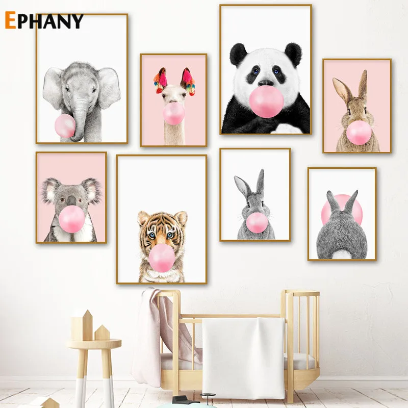 

Kawaii Pink Bubble Gum Animal Child Poster Nursery Canvas Print Wall Art Painting Nordic Kids Decoration Picture Baby Room Decor