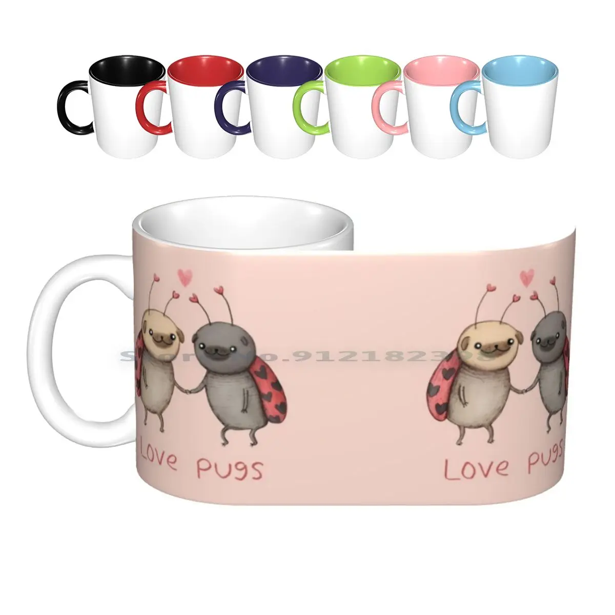 Love Pugs Ceramic Mugs Coffee Cups Milk Tea Mug Love Pugs Love Bug Bugs Bug Cute Kawaii Pink Valentine Valentines Day Dog Puppy