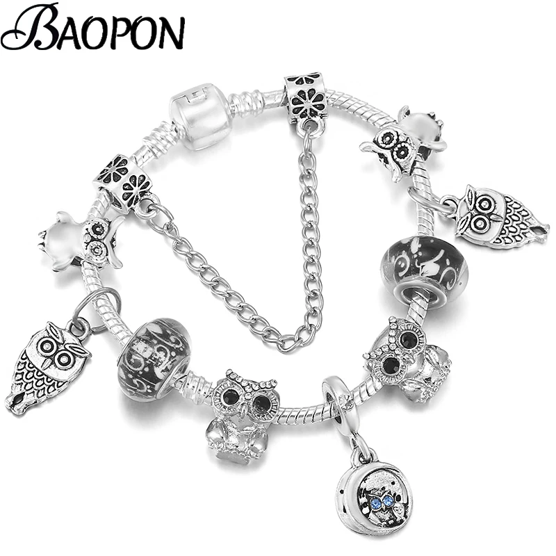 

BAOPON Silver Color Vivid Owl Dangles Beads Charm Bracelets & Bangles With Snake Chain Bracelets For Women Kid Crystal Jewelry