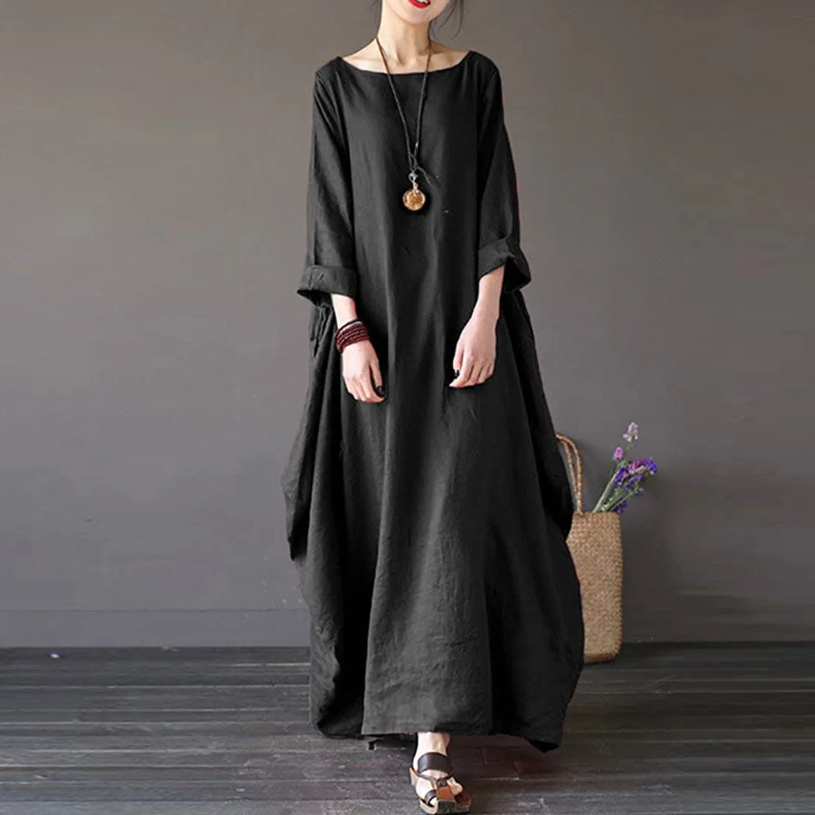 

Cotton Linen Robe Female Dresses Elegant Plus Size Long Sleeve O Neck Maxi Kaftan Dress Casual Vintage Solid Vestidos