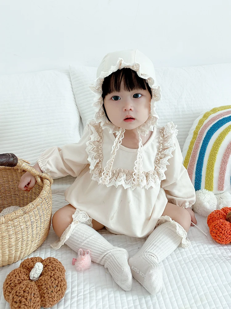 2022 baby girls rompers 100% cotton newborn 100-day clothes lace ruffled long-sleeved one-piece romper triangle climbing clothes