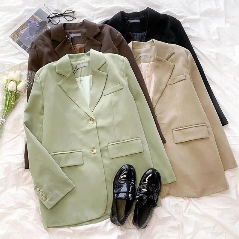 

High Quality Women Blazer Autumn Solid Elegant Black Blazer Women Jacket Korean Style Loose V-neck Office Lady Long Sleeve Tops