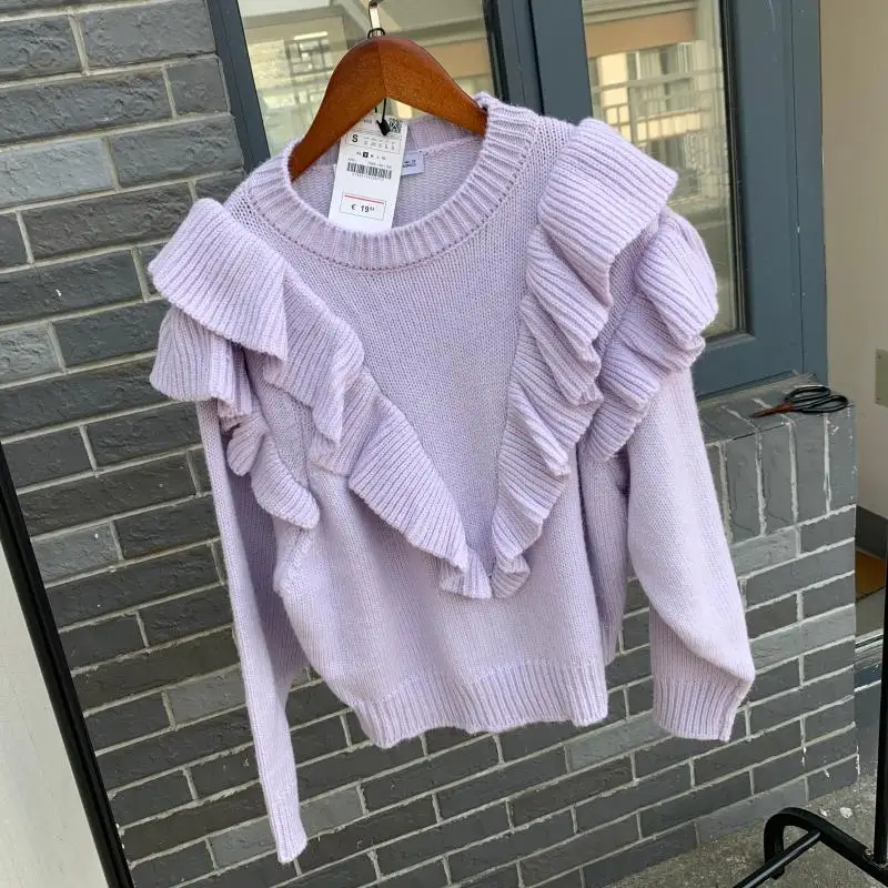 Spring winter purple Ruffles Knitted Sweater Women Pullovers casual O Neck Long Sleeve Chic korean sweater sweet Puff Femme 2019 | Женская