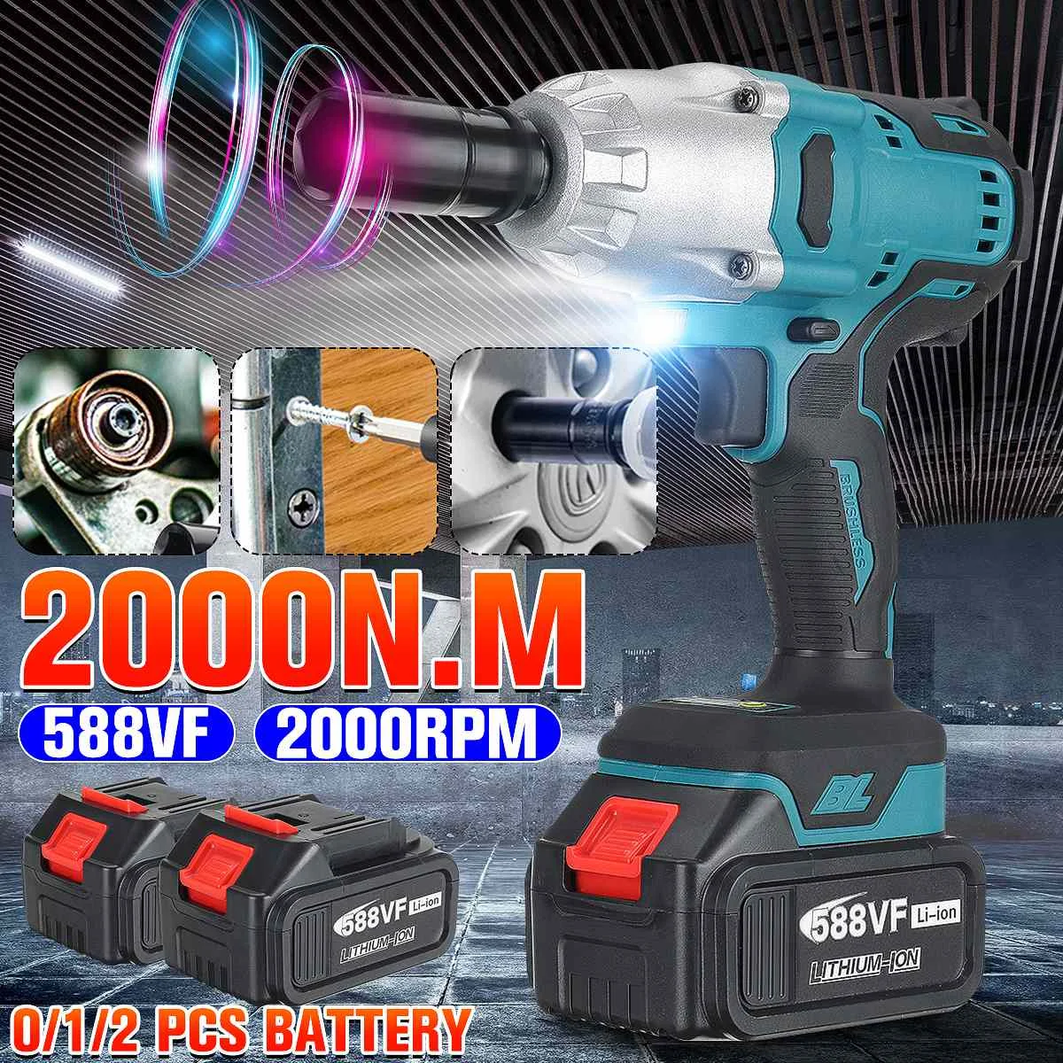 

2000N.M Cordless Electric Impact Wrench 1/2 inch Socket Power Tools Car Repair 588Vf Li Battery +LED Adapt to Makita Battery