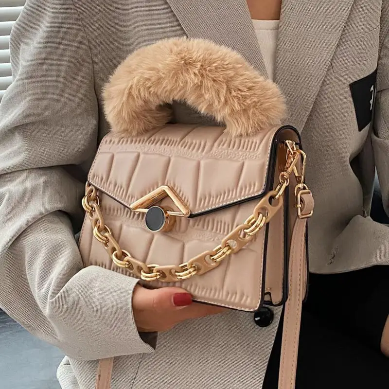 

Autumn New Chain Diamond Small Square Bag Fashion Faux Fur Design Handbag Ladies Casual Pu Shoulder Bag