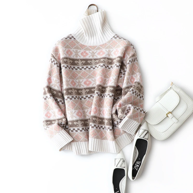 Модный винтажный кашемировый свитер с высоким воротом Женский