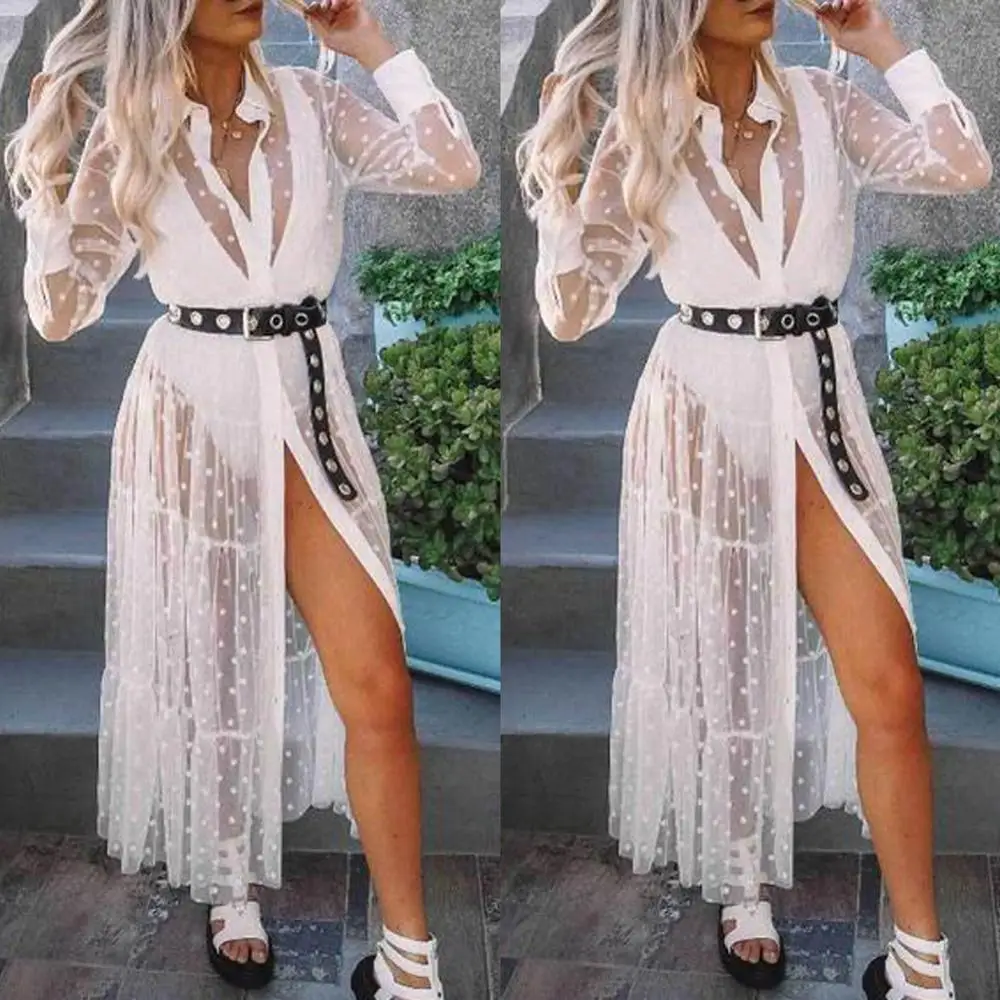 

Women Summer Boho Short Maxi Dress Evening Party Dresses Female Sexy See-Through Wave point Long Sleeve Sundress