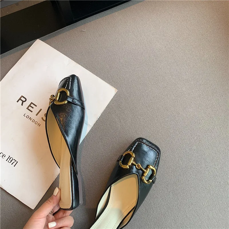 

New Fashion Muller Shoes Metal Button Square Toe Flat Toe Half Slippers Shallow Mouth Single Shoes Pure Color Women's Shoes