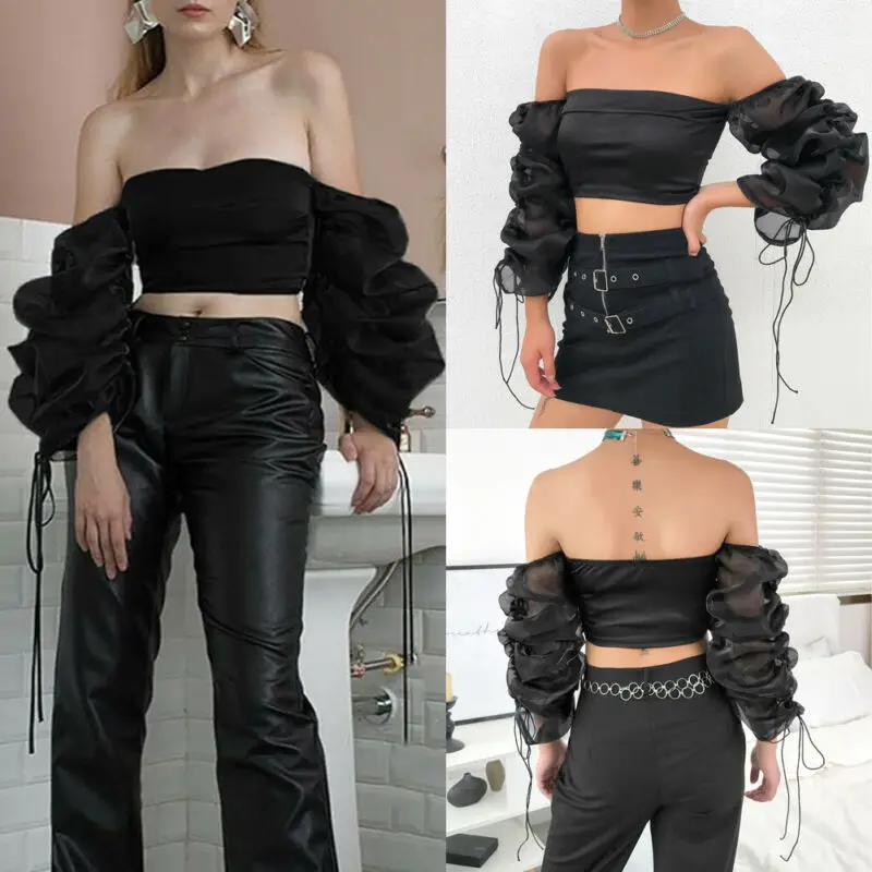 С пышными рукавами Сексуальная футболка Для женщин женские с открытыми плечами