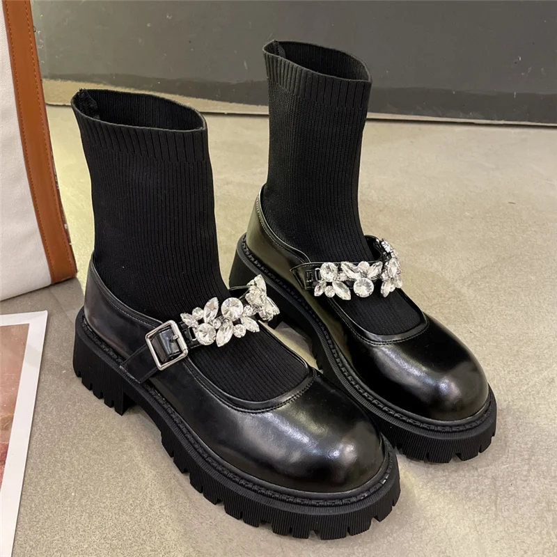 

2022 Women Ankle Sock Boots Combat Chunky Platform Crystal Boots Lady Warm Lolita Cute Short Booties Girls Winter Brogues Shoes
