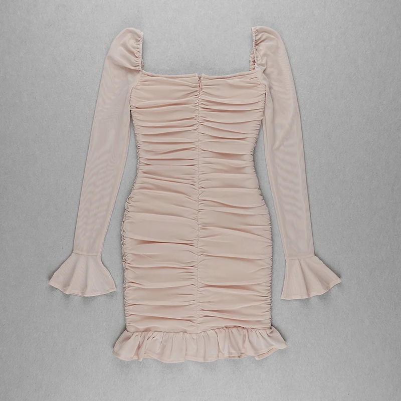 

Pure Color Square Neck Stitching Mesh Horn Long Sleeve Mini Pleated Fishtail Skirt 2021 Sexy Party Club Dress Vestidos