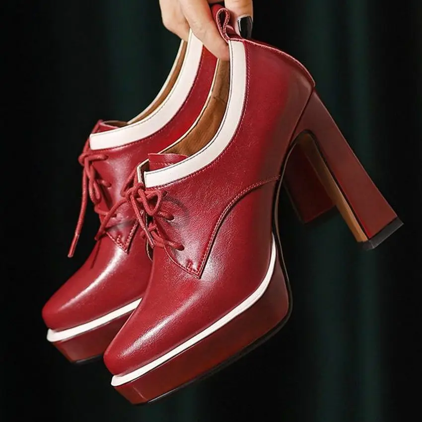 Bottines en cuir véritable à talons hauts épais pour femmes, escarpins à plateforme, à bout rond, chaussures de boîte de nuit de mariage 34 35 36 37 38 39