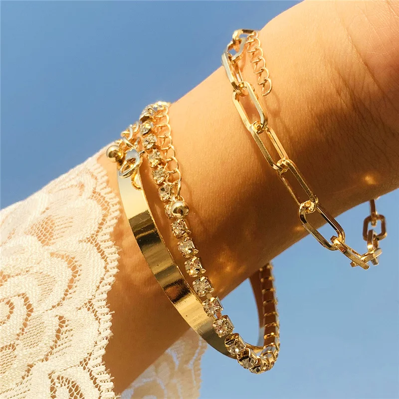 

3Pcs/Set Punk Rhinestone Crystal Chain Wrist Charm Bracelets For Women Wedding Curved Tube Curb Chain Couple Bangles Jewelry