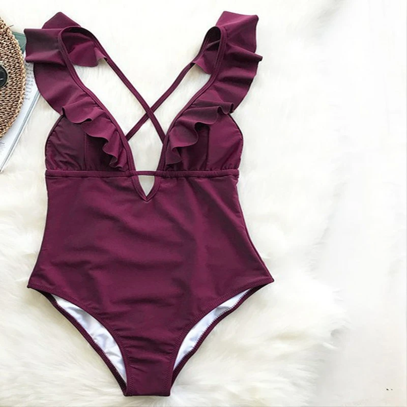 

Burgundy Heart Attack Falbala Swimsuit Bikini set Women Ruffle V-neck Monokini 2019 New Girls Beach Bathing Suit Swimwear