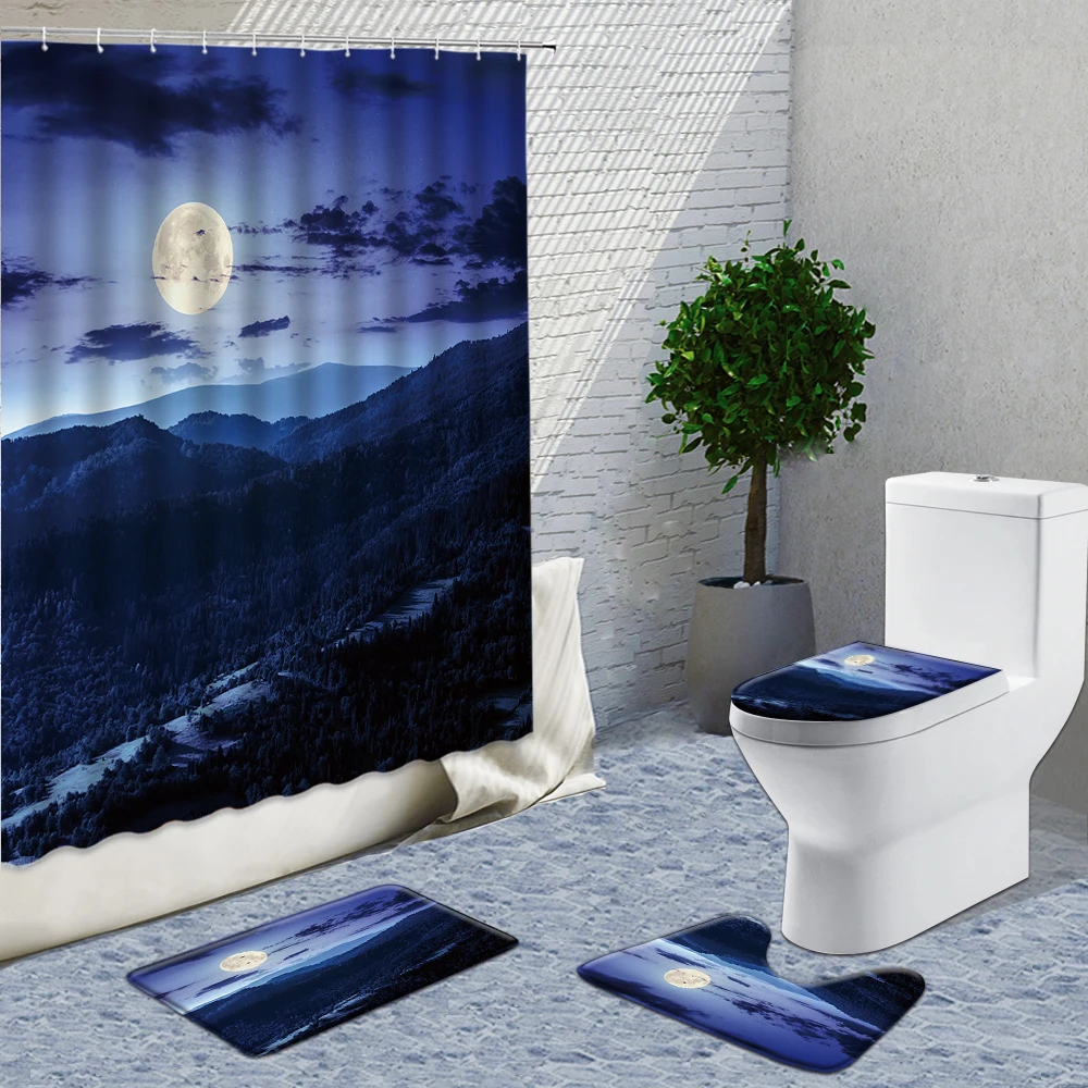

Moon On The Sea Fabric Shower Curtain Set Bathroom Curtains Fabric Carpet Set Ocean Scenery At Night Bath Decor Things For Home