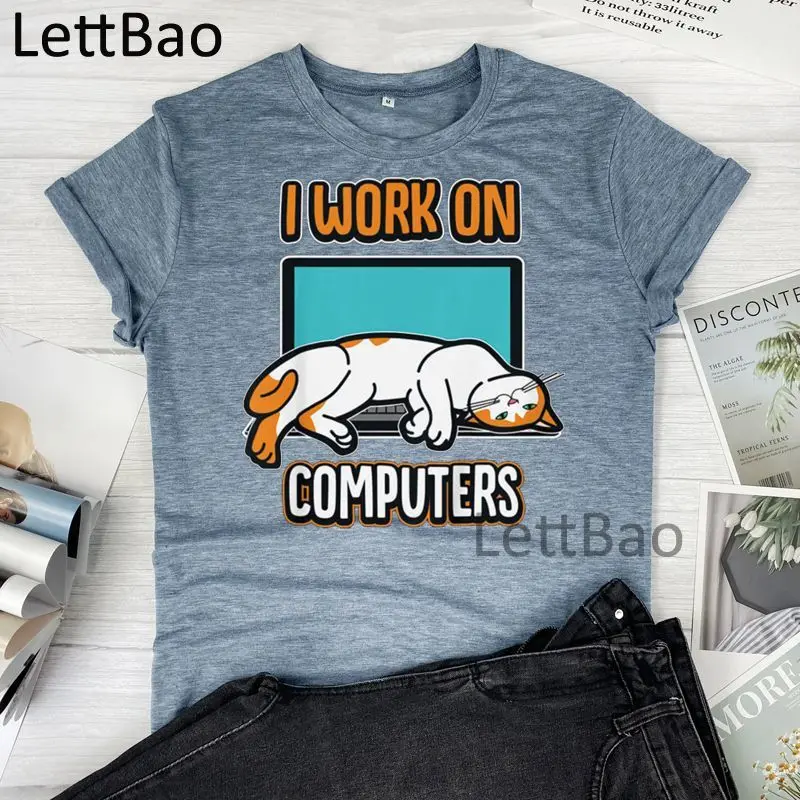 

Футболка женская с принтом кошек и компьютеров, Повседневная модная рубашка в стиле Харадзюку, в стиле хип-хоп, в Корейском стиле, на лето
