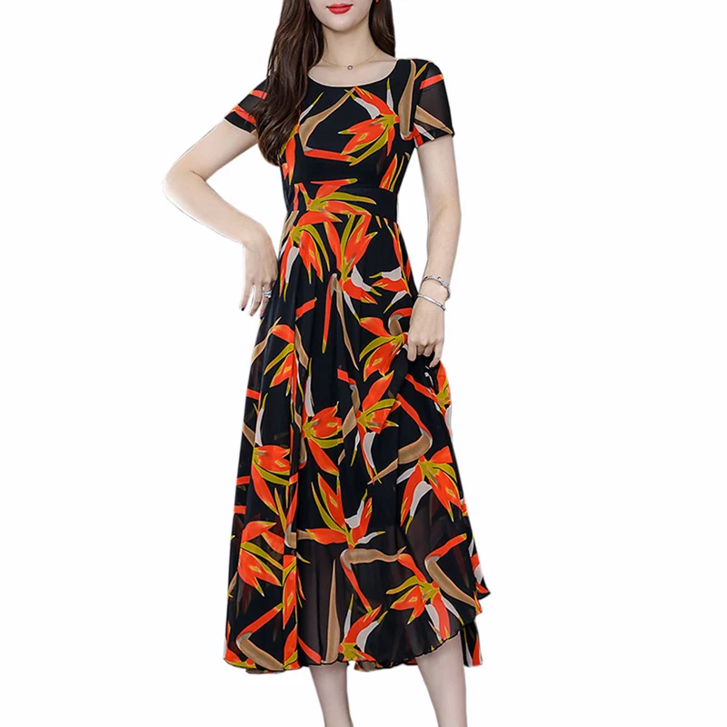 

Summer fashion Chiffon Print long dress women's elegant Floral O-Neck dress temperament Casual Short sleeve Ruffles dress women