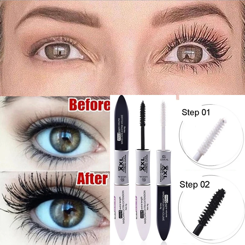 Тушь для ресниц 2 в 1 4d волокно черная водостойкая удлинение объема увеличение и