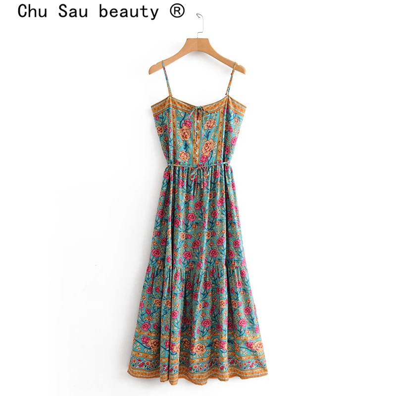 Chu Sau beauty новинка 2019 модное винтажное платье средней длины на бретелях с цветочным