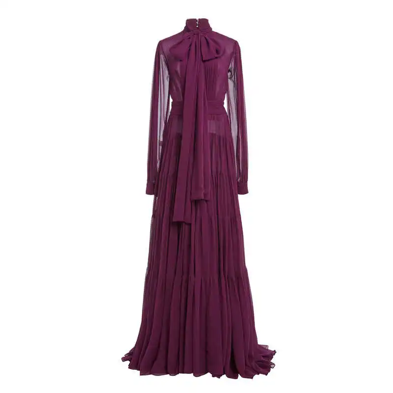 

2021 New Arrival Fashion Spring Summer Fall Long Sleeve Chiffon Dress For Women Luxury Runway Purple Long Maxi Ladies Dresses