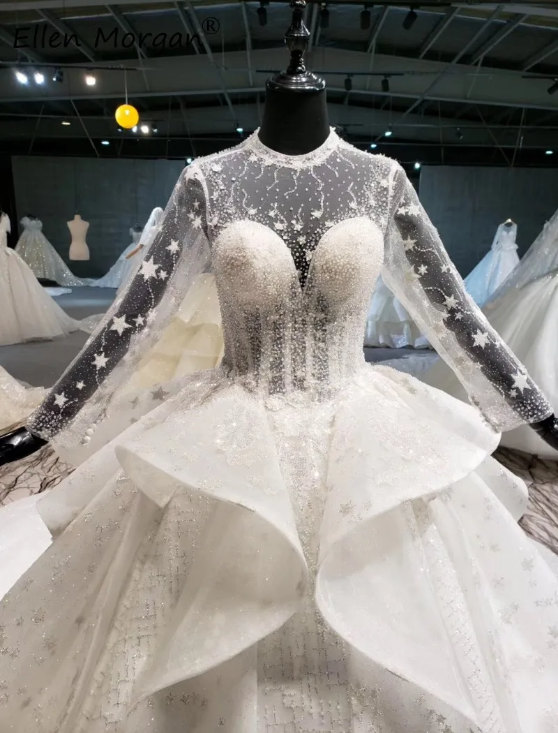 Ivory Glitter Long Sleeves Ball Gowns Wedding Dresses 2020 Elegant Corset Lace Puffy Backless Princess Bridal for Women | Свадьбы и