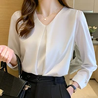 new retro pullover white long sleeve solid color shirt womens simple blue tops and blouse women spliced chiffon elegant 1571