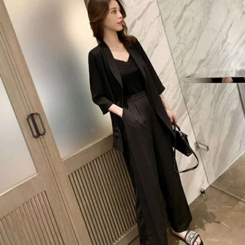 S-XL Plus Size Fashion Blazer Women's Suit 2020 3/4 Sleeve Long Cardigan+Casual Wide Leg Pant Female Spring 2 Piece Set | Женская
