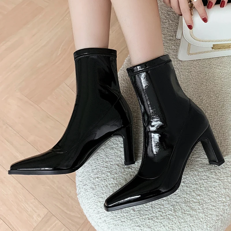 

Back Zipper Women's Boots Genuine Leather Pointed Toe Shoes Woman Heels 2021 Winter Office Lady Party Ankle Boots Leather