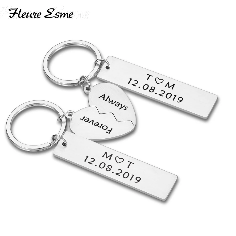 

A Pair Couple Keychain Gifts for Husband Wife Boyfriend Girlfriend Valentines Customized Date and Two Initials Keychains for Him