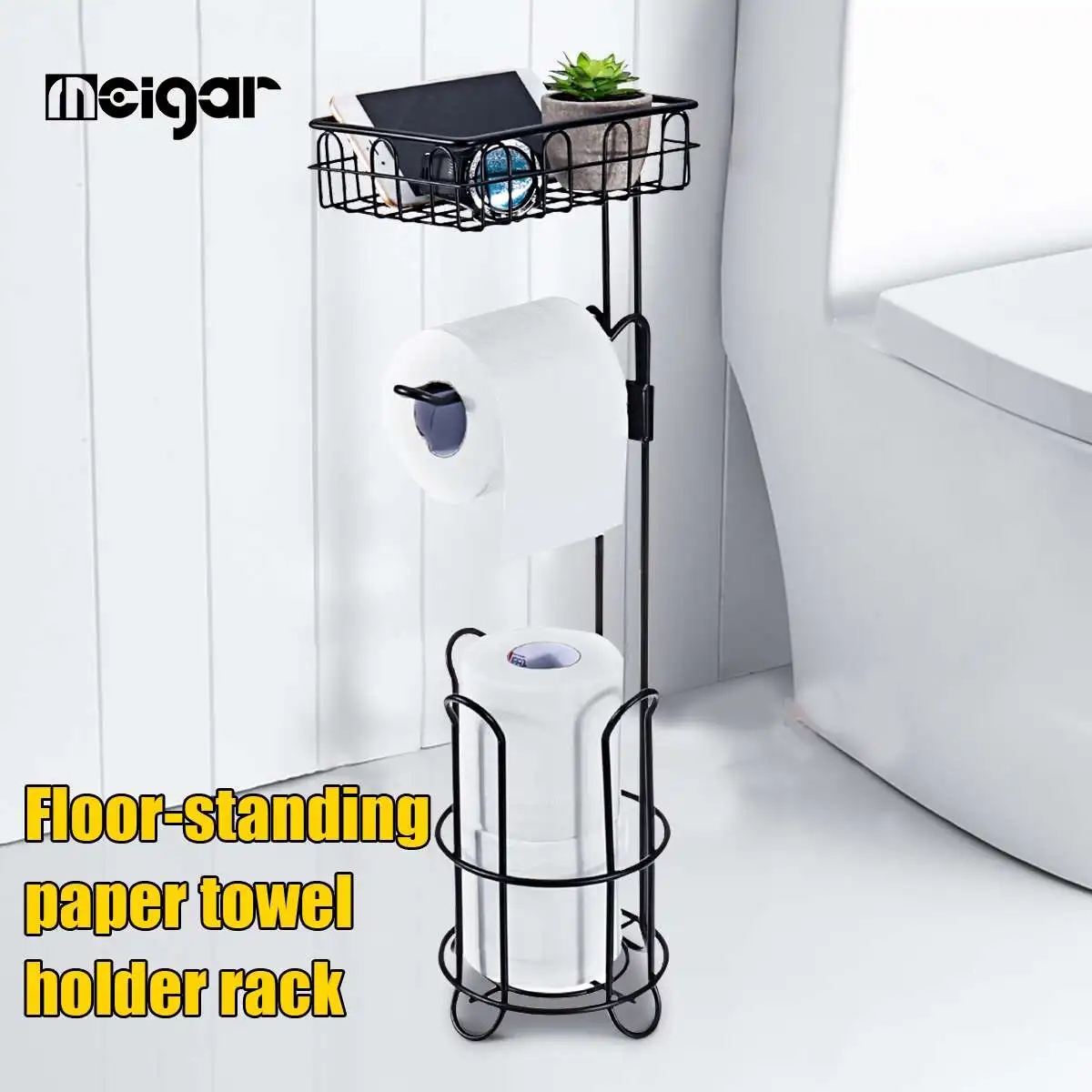 

Black Metal Floor Standing Paper Roll Holder Stand Organizer Toilet Paper Towel Rack Bathroom Hardware Vertical Storage Basket