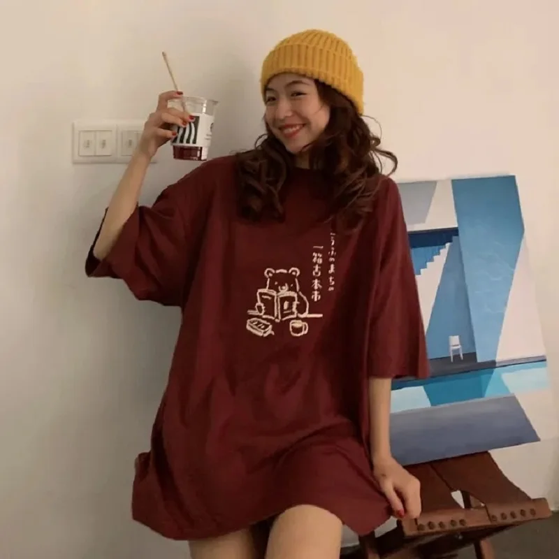 

Summer Short Sleeve T-shirts Women Sweet Kawaii Print Harajuku High Street Loose Top Cartoon O-neck Ulzzang Clothes Y2K Oversize