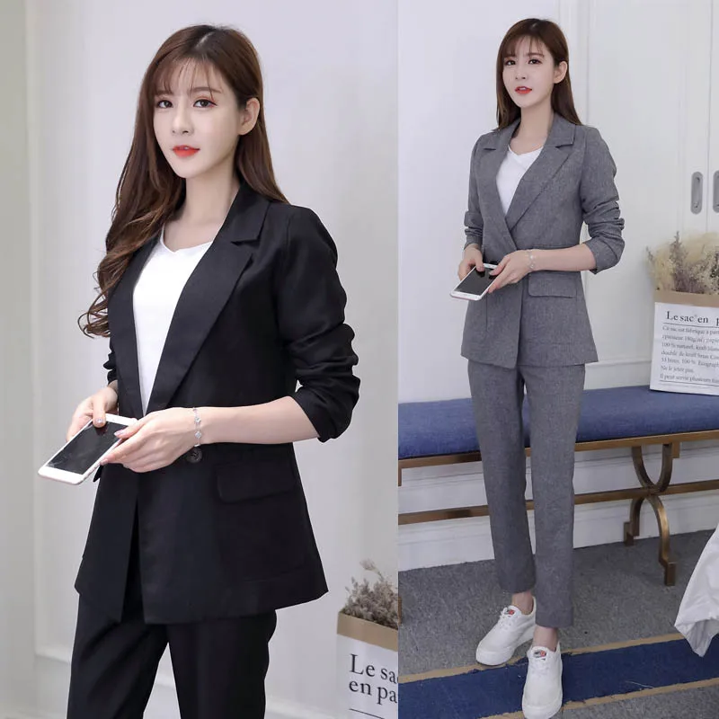 

NEW Two Pieces OL Set Notched One Button Jacket And Long Pant Suits Women Business Jackets And Blazers Casual Outfits Feminino