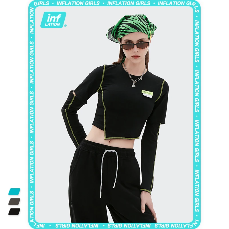 

INFLATION Irregular Hem Hollow Out Crop Tops Women Streetwear 2021 Trending Casual Long Sleeve T-shirt Female Crop Tees 6031GS21
