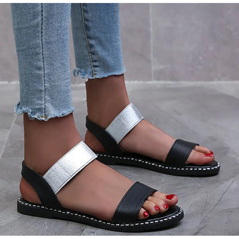 Женские сандалии на плоской подошве с открытым носком удобная повседневная