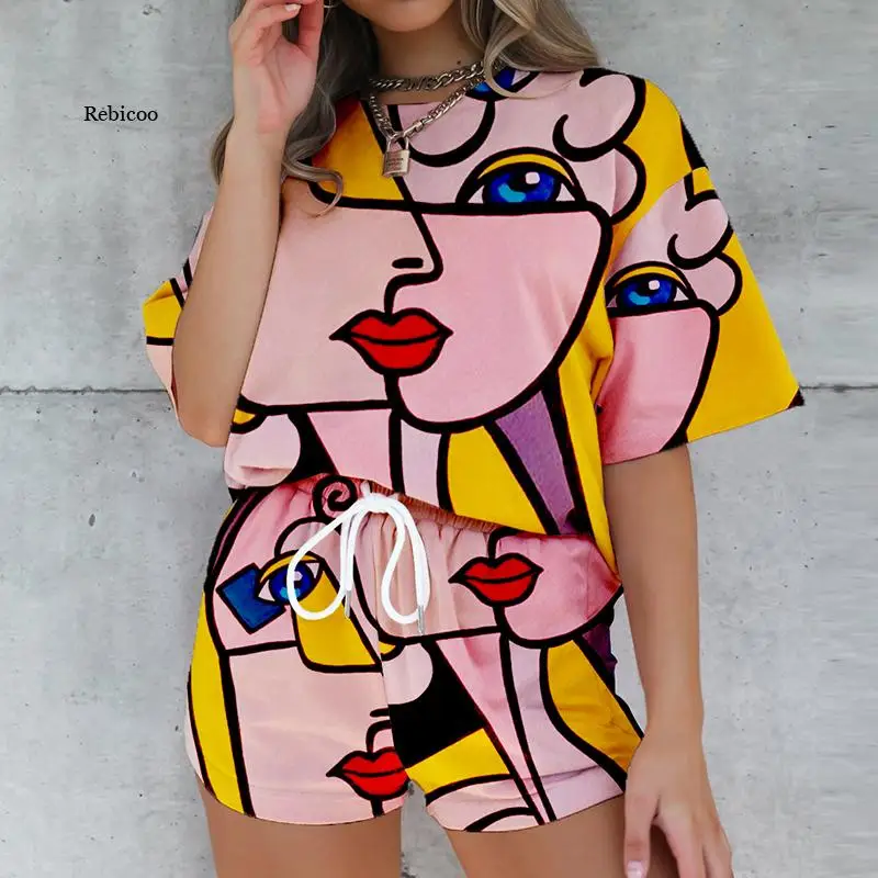 

Harajuku Women's 2-Piece Summer Short Sleeve Shirt Top + Chic Printed Drawstring Sweatpants Shorts Casual Suit Women
