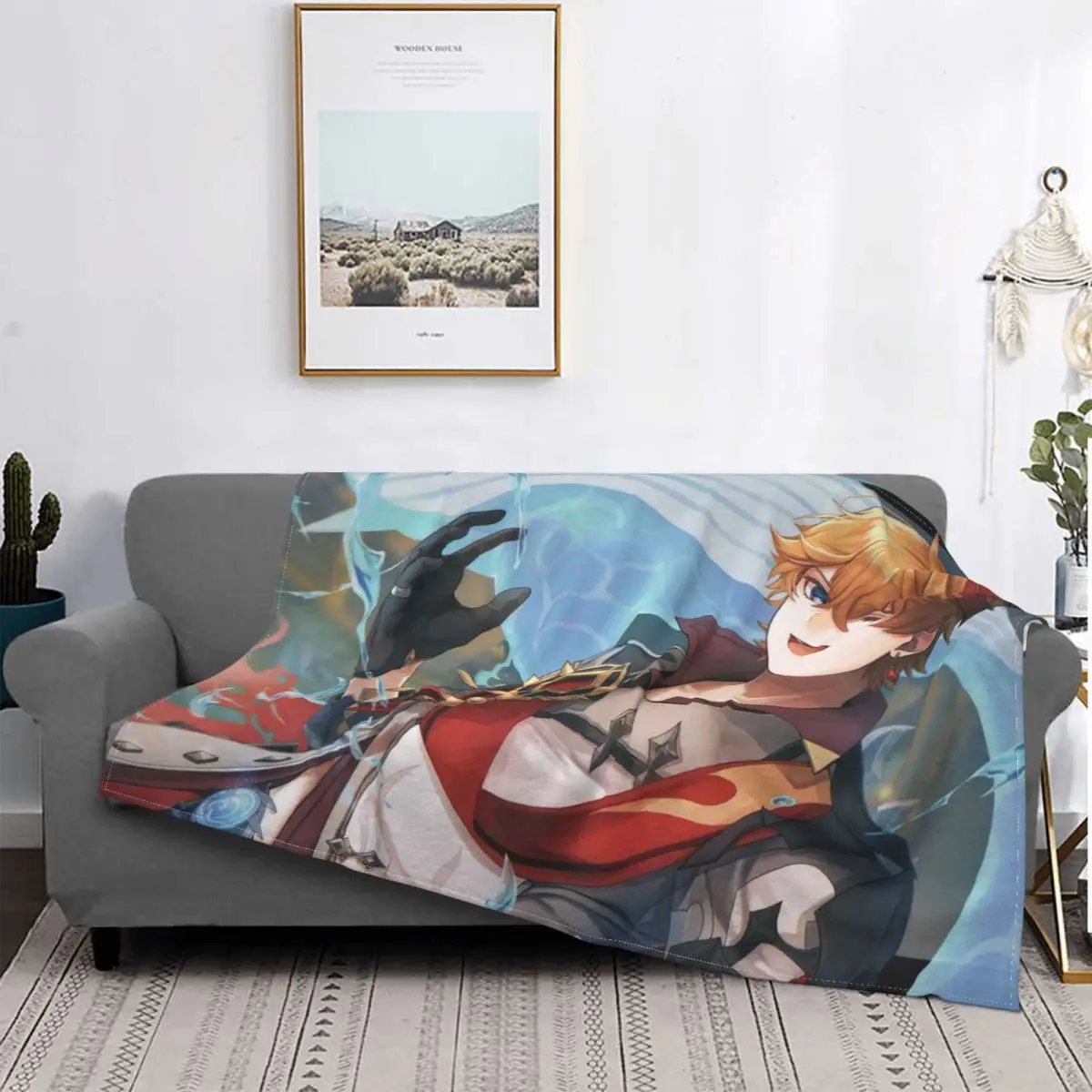 

Ударопрочное одеяло Childe Genshin, супер мягкое весенне-осеннее Коралловое бархатное тонкое одеяло для дивана в клетку из аниме