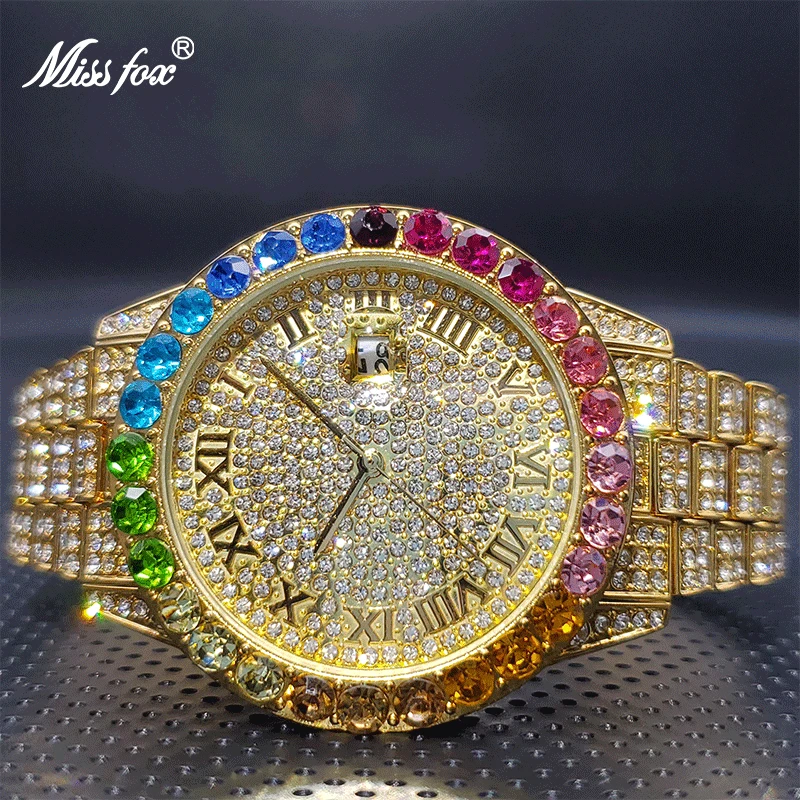 

18K Gold RelojHombre MISSFOX Rainbow Bezel Ice Out Diamond Fashion Couple Watch Calendar Waterproof Quartz Watches Droshipping