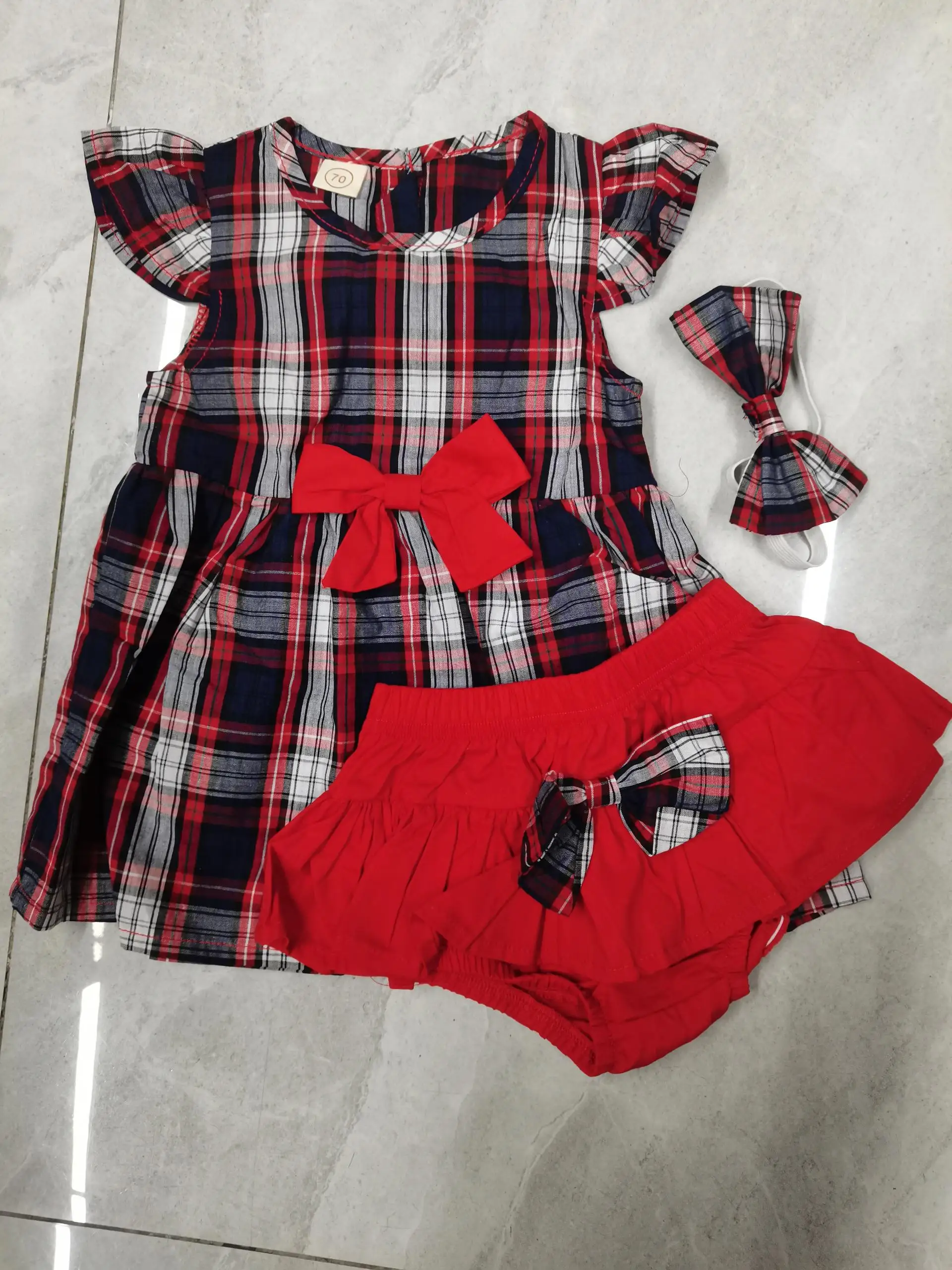 

Шорты в клетку для маленьких девочек, летнее платье средней длины с коротким рукавом, круглым вырезом и бантом